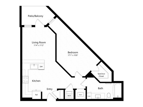 Floor plan for 1 bed, 1 bath, 725 sqft